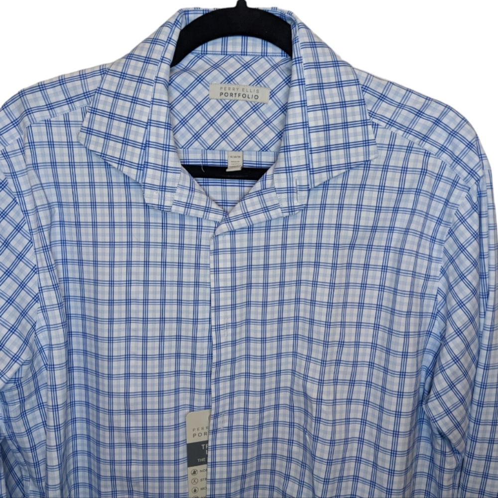 NWT Perry Ellis Portfolio Travel Luxe Blue Check Tech Shirt Neck 16 34/35 💙✨ - Picture 6 of 12